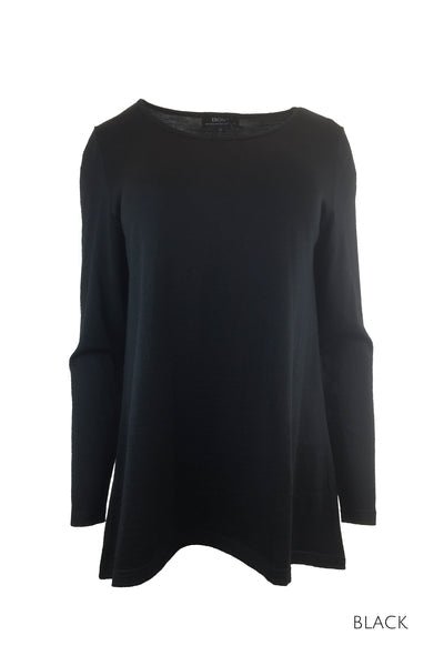 EBONY_WOMEN'S 100% MERINO WOOL (210) A-LINE SCOOP LONG SLEEVE TOP BLACK _ _ Ebony Boutique NZ