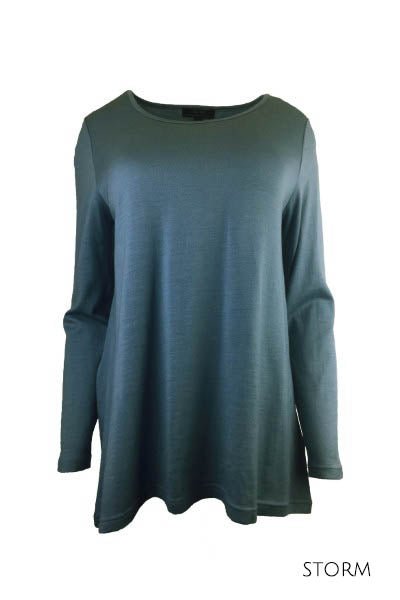EBONY_WOMEN'S 100% MERINO WOOL (210) A-LINE SCOOP LONG SLEEVE TOP STORM BLUE-GREEN _ _ Ebony Boutique NZ