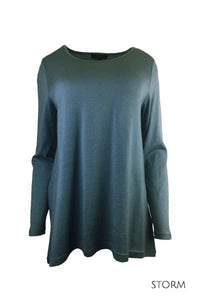 EBONY_WOMEN'S 100% MERINO WOOL (210) A-LINE SCOOP LONG SLEEVE TOP STORM BLUE-GREEN _ _ Ebony Boutique NZ