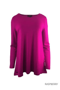 EBONY_WOMEN'S 100% MERINO WOOL (210) A-LINE SCOOP LONG SLEEVE TOP RASPBERRY _ _ Ebony Boutique NZ