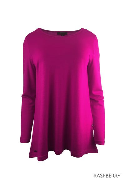 EBONY_WOMEN'S 100% MERINO WOOL (210) A-LINE SCOOP LONG SLEEVE TOP RASPBERRY _ _ Ebony Boutique NZ