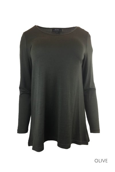 EBONY_WOMEN'S 100% MERINO WOOL (210) A-LINE SCOOP LONG SLEEVE TOP OLIVE _ _ Ebony Boutique NZ