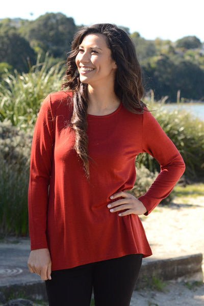 EBONY_WOMEN'S 100% MERINO WOOL (210) A-LINE SCOOP LONG SLEEVE TOP EMBER _ _ Ebony Boutique NZ