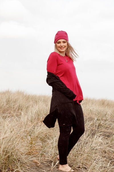 EBONY_WOMEN'S 100% MERINO WOOL (210) A-LINE SCOOP LONG SLEEVE TOP RASPBERRY _ _ Ebony Boutique NZ