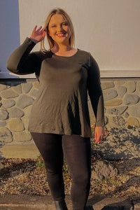 EBONY_WOMEN'S 100% MERINO WOOL (210) A-LINE SCOOP LONG SLEEVE TOP OLIVE _ _ Ebony Boutique NZ