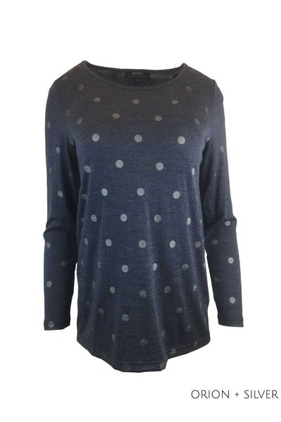 EBONY_WOMEN'S 100% MERINO (210) A-LINE SCOOP LONG SLEEVE TOP SPOT PRINT ORION & SILVER _ _ Ebony Boutique NZ