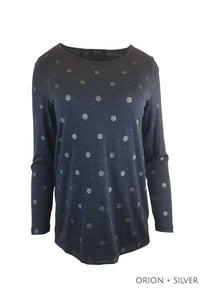 EBONY_WOMEN'S 100% MERINO (210) A-LINE SCOOP LONG SLEEVE TOP SPOT PRINT ORION & SILVER _ _ Ebony Boutique NZ