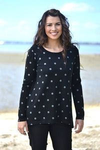 EBONY_WOMEN'S 100% MERINO (210) A-LINE SCOOP LONG SLEEVE TOP SPOT PRINT BLACK & SILVER _ _ Ebony Boutique NZ