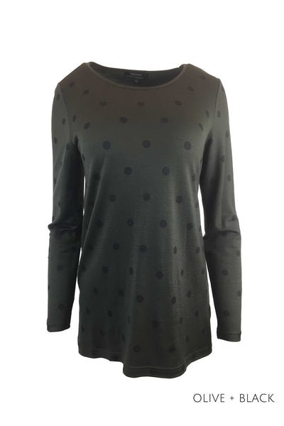 EBONY_WOMEN'S 100% MERINO (210) A-LINE SCOOP LONG SLEEVE TOP SPOT PRINT OLIVE & BLACK _ _ Ebony Boutique NZ