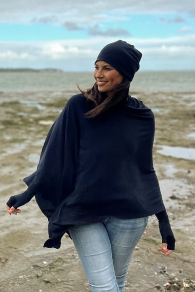 EBONY_100% MERINO WOOL PONCHO EASY STYLE LAYER FRENCH NAVY _ _ Ebony Boutique NZ