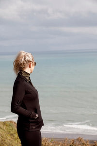 EBONY_WOMENS MERINO JACKET 100% WOOLLEN CURVED PANELS LONG SLEEVES BLACK _ _ Ebony Boutique NZ