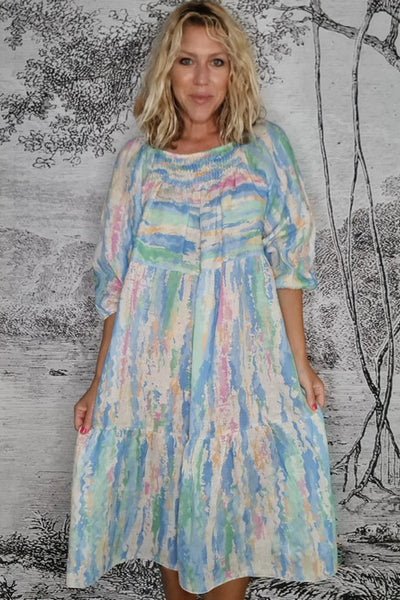 HELGA MAY_ZANSIBAR POUR SLEEVE DRESS RAINBOW SKY BLUE _ _ Ebony Boutique NZ