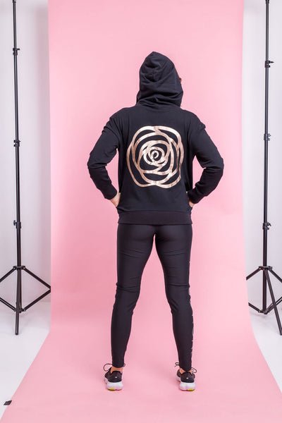 Shop Rose Road NZ Zip Up Tee Hoodie Black with Rose Gold Logo Ebony Boutique NZ