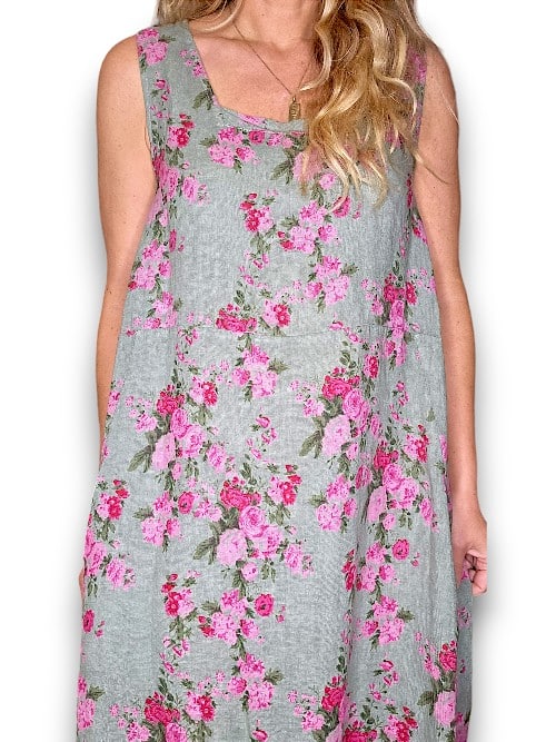 MAXI TANK DRESS LINEN FAR AWAY ROSE FOREST