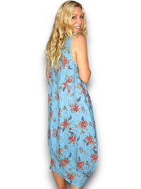 MAXI TANK DRESS LINEN RED ROSE TURQUOISE