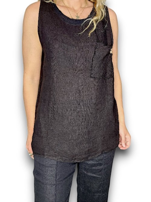 LINEN SLEEVELESS TANK TOP GAUSE NECK BLACK