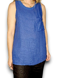 LINEN SLEEVELESS TANK TOP GAUSE NECK COBALT