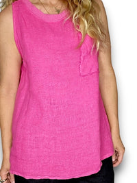 LINEN SLEEVELESS TANK TOP GAUSE NECK HOT PINK