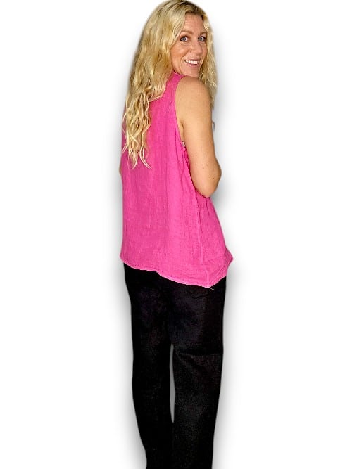 LINEN SLEEVELESS TANK TOP GAUSE NECK HOT PINK