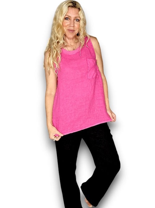 LINEN SLEEVELESS TANK TOP GAUSE NECK HOT PINK