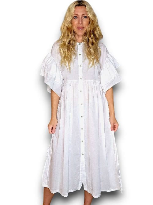 COTTON FRONT BUTTON FRILL DRESS LINEN BIANCA WHITE