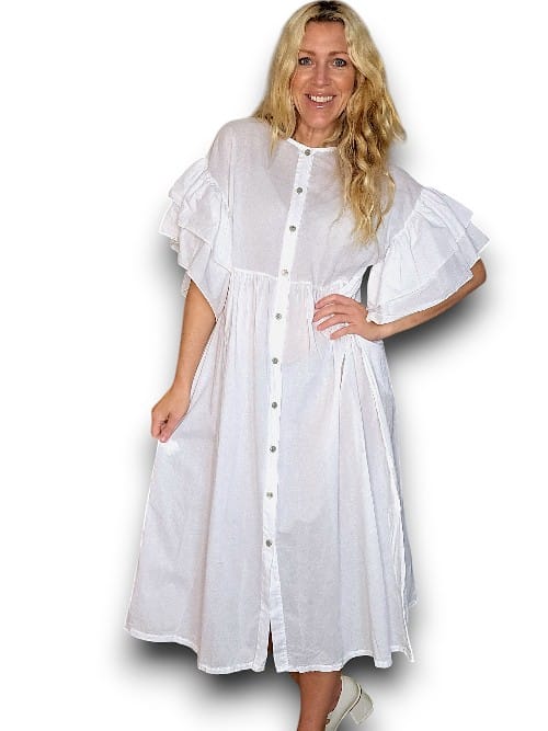 COTTON FRONT BUTTON FRILL DRESS LINEN BIANCA WHITE