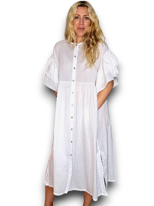 COTTON FRONT BUTTON FRILL DRESS LINEN BIANCA WHITE