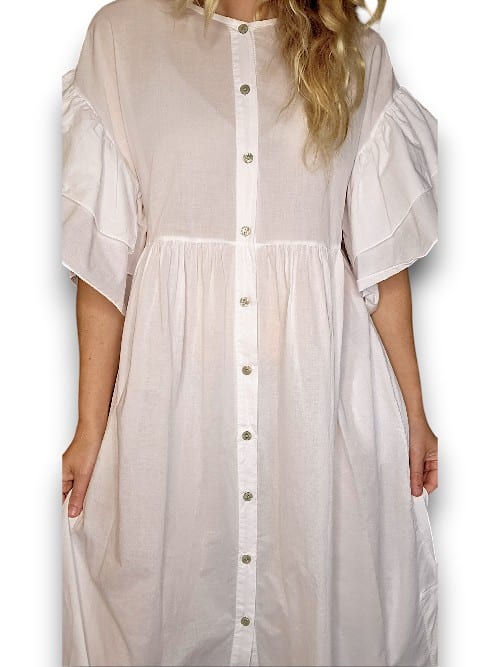 COTTON FRONT BUTTON FRILL DRESS LINEN BIANCA WHITE