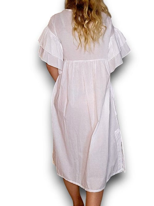 COTTON FRONT BUTTON FRILL DRESS LINEN BIANCA WHITE