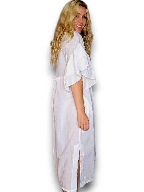 COTTON FRONT BUTTON FRILL DRESS LINEN BIANCA WHITE