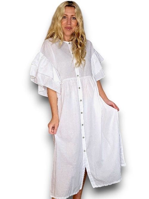 COTTON FRONT BUTTON FRILL DRESS LINEN BIANCA WHITE