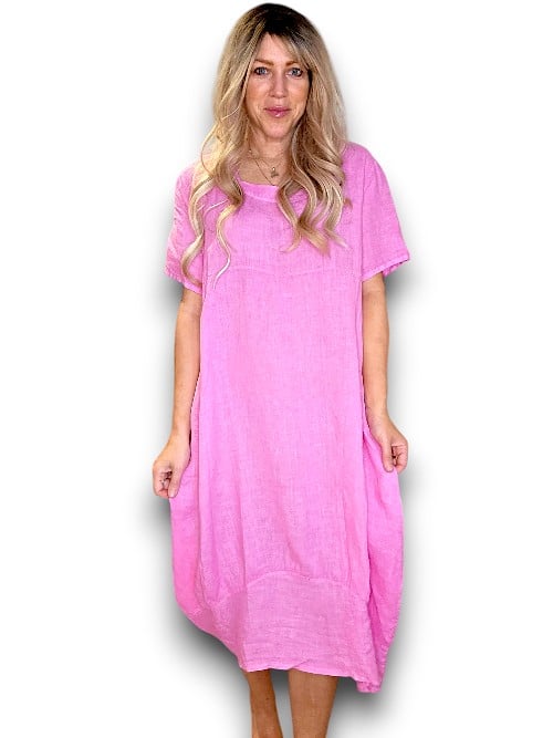 MID SLEEVE MAXI DRESS LINEN BUBBLEGUM PINK