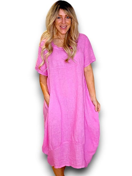 MID SLEEVE MAXI DRESS LINEN BUBBLEGUM PINK