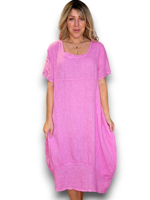 MID SLEEVE MAXI DRESS LINEN BUBBLEGUM PINK