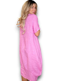 MID SLEEVE MAXI DRESS LINEN BUBBLEGUM PINK