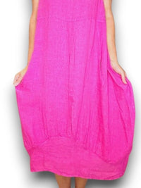 MID SLEEVE MAXI DRESS LINEN HOT PINK