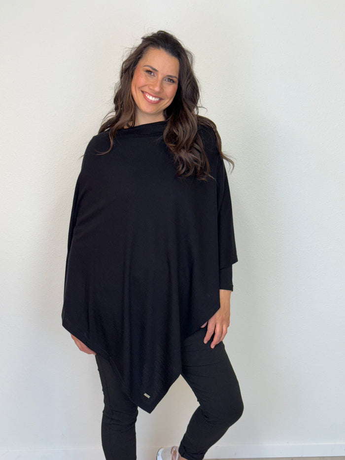 100% MERINO WOOL PONCHO EASY STYLE LAYER BLACK