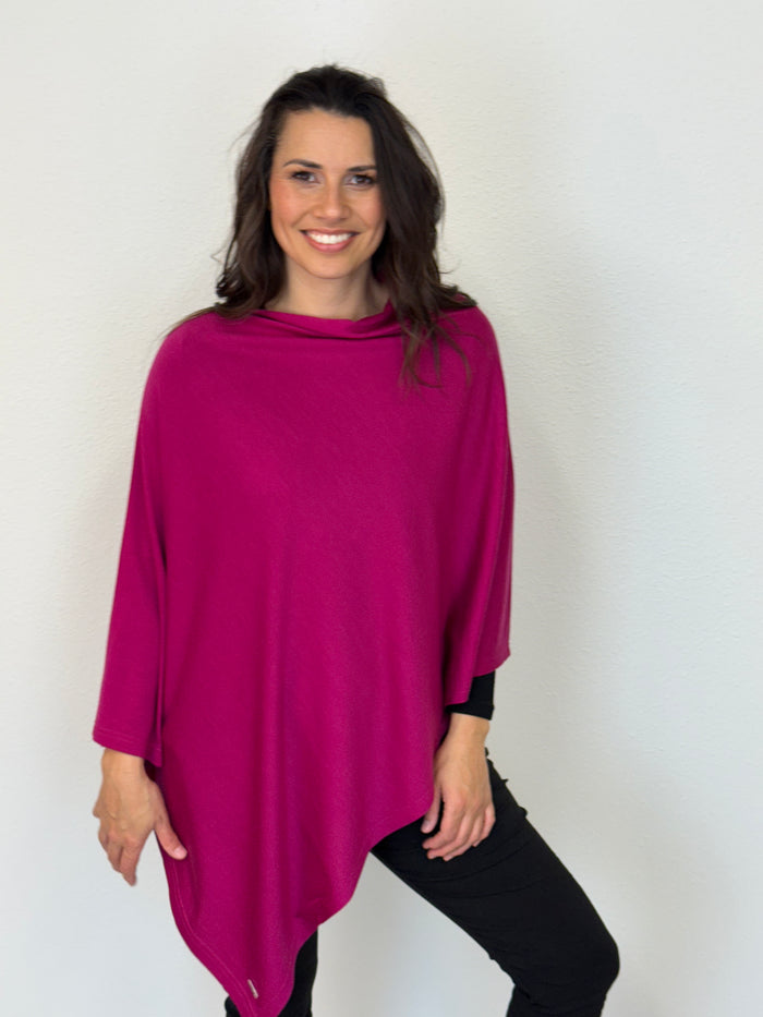 100% MERINO WOOL PONCHO EASY STYLE LAYER RASPBERRY