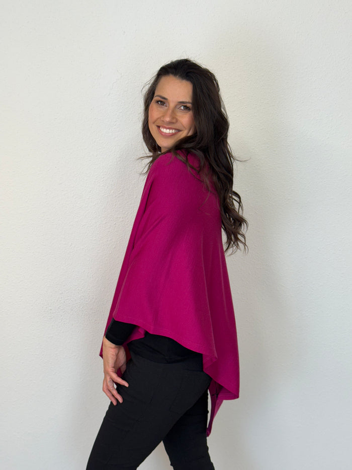 100% MERINO WOOL PONCHO EASY STYLE LAYER RASPBERRY