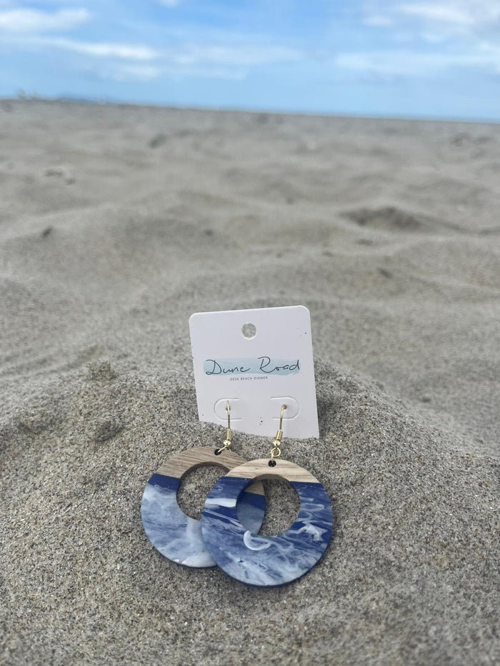 WOOD RESIN EARRINGS CIRCULAR WAVES BLUE