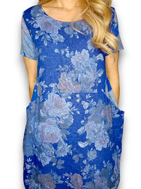 JUNGLE DRESS LINEN SCARLETT ROSE COBALT