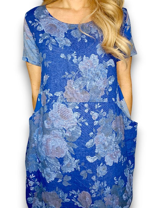JUNGLE DRESS LINEN SCARLETT ROSE COBALT