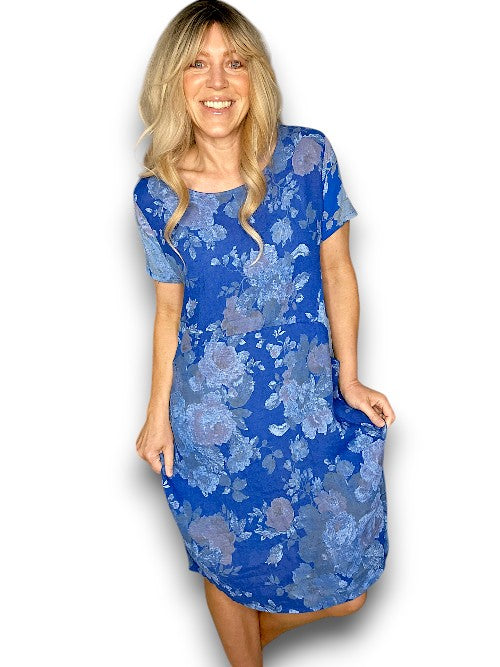 JUNGLE DRESS LINEN SCARLETT ROSE COBALT