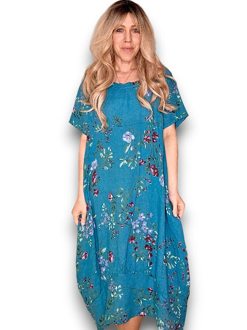 MID SLEEVE MAXI DRESS LINEN LINGONBERRY LIGHT EMERALD