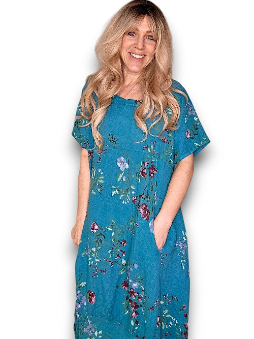 MID SLEEVE MAXI DRESS LINEN LINGONBERRY LIGHT EMERALD