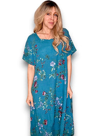 MID SLEEVE MAXI DRESS LINEN LINGONBERRY LIGHT EMERALD