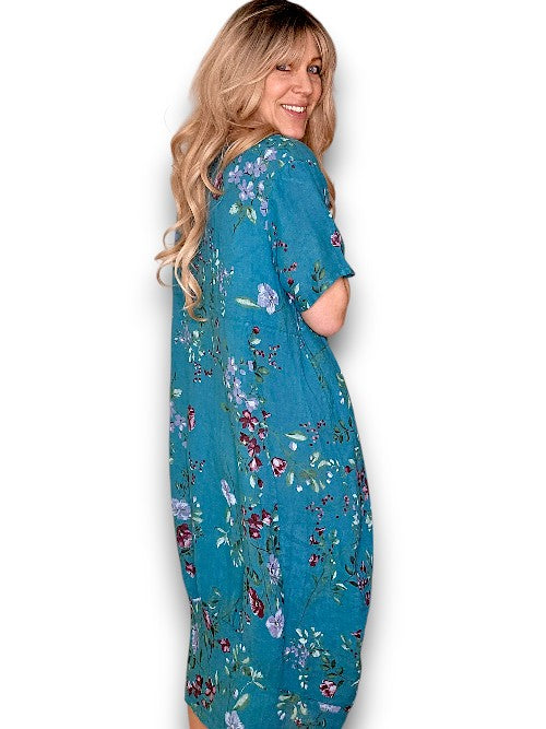 MID SLEEVE MAXI DRESS LINEN LINGONBERRY LIGHT EMERALD