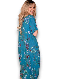 MID SLEEVE MAXI DRESS LINEN LINGONBERRY LIGHT EMERALD