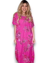 MID SLEEVE MAXI DRESS LINEN LINGONBERRY HOT PINK