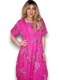 MID SLEEVE MAXI DRESS LINEN LINGONBERRY HOT PINK